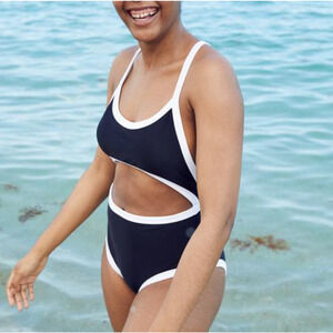 Aerie Black White Trim Cutout High Thigh Retro One Piece Swimsuit Size Medium